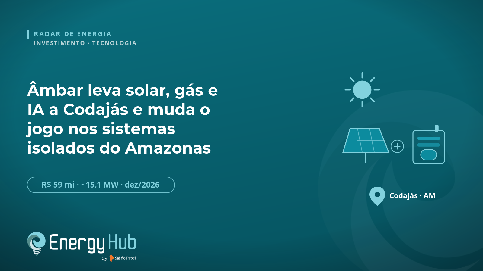 Peça gráfica institucional do Energy Hub, paleta teal, combinando ícones de painel solar e unidade a gás com conector de hibridização e o marcador 'Codajás · AM', sobre a usina híbrida da Âmbar Energia.